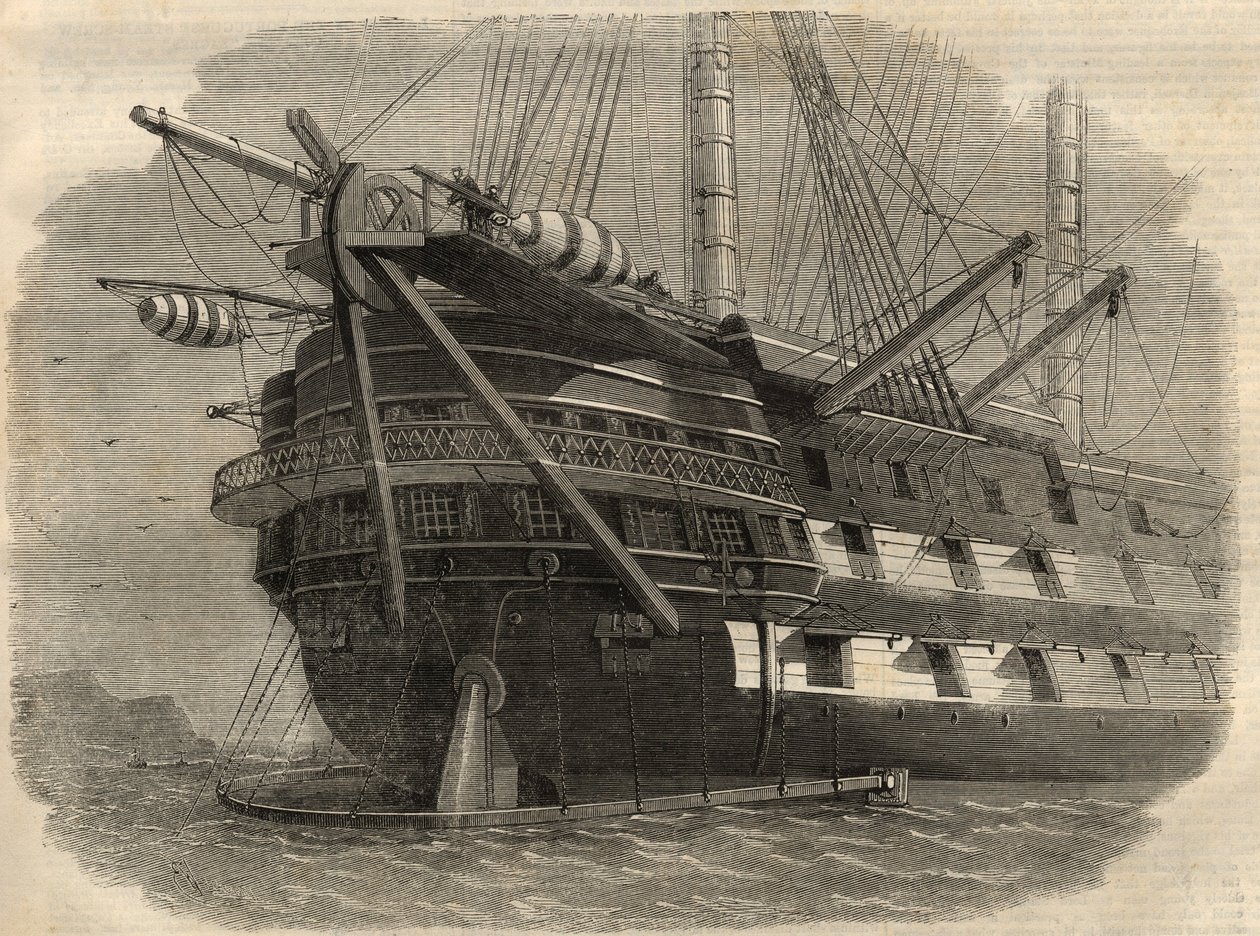 Telegrafi: utsikt over akterenden av skipet H.M.S. "Agamemnon"" som skal legge den første transatlantiske kabelen. Gravering i "" The Illustrated London News"" av 5. juni av Unknown artist
