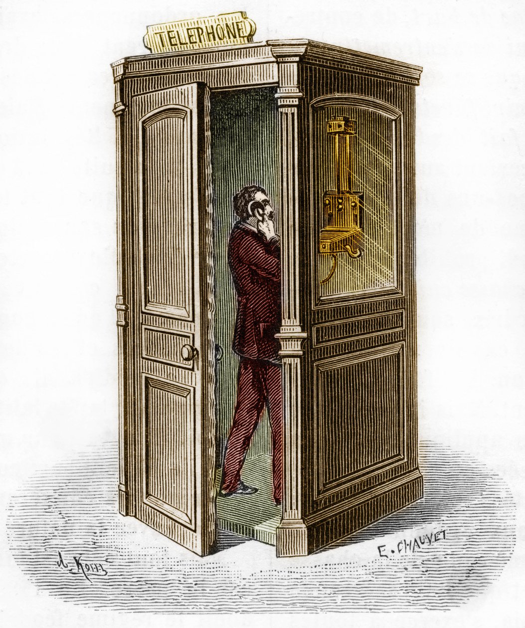 Telefonkiosk i 1888. Gravering i «The Journal of Youth» av Unknown artist
