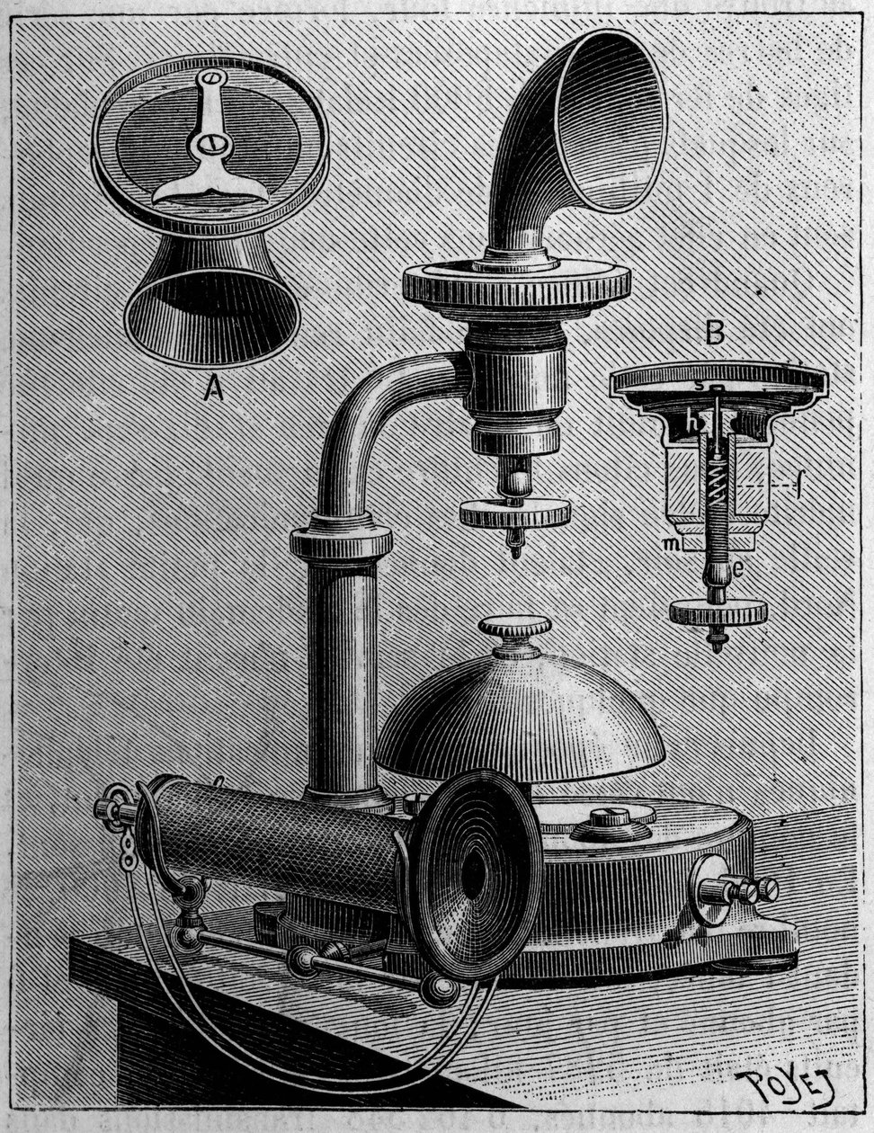 Telefoni i Sverige: modell av en telefon fra Ericsson Company. Gravering i "" Nature: gjennomgang av vitenskapene og deres anvendelser på kunst og industri "" av 23. mars 1889. av Unknown artist