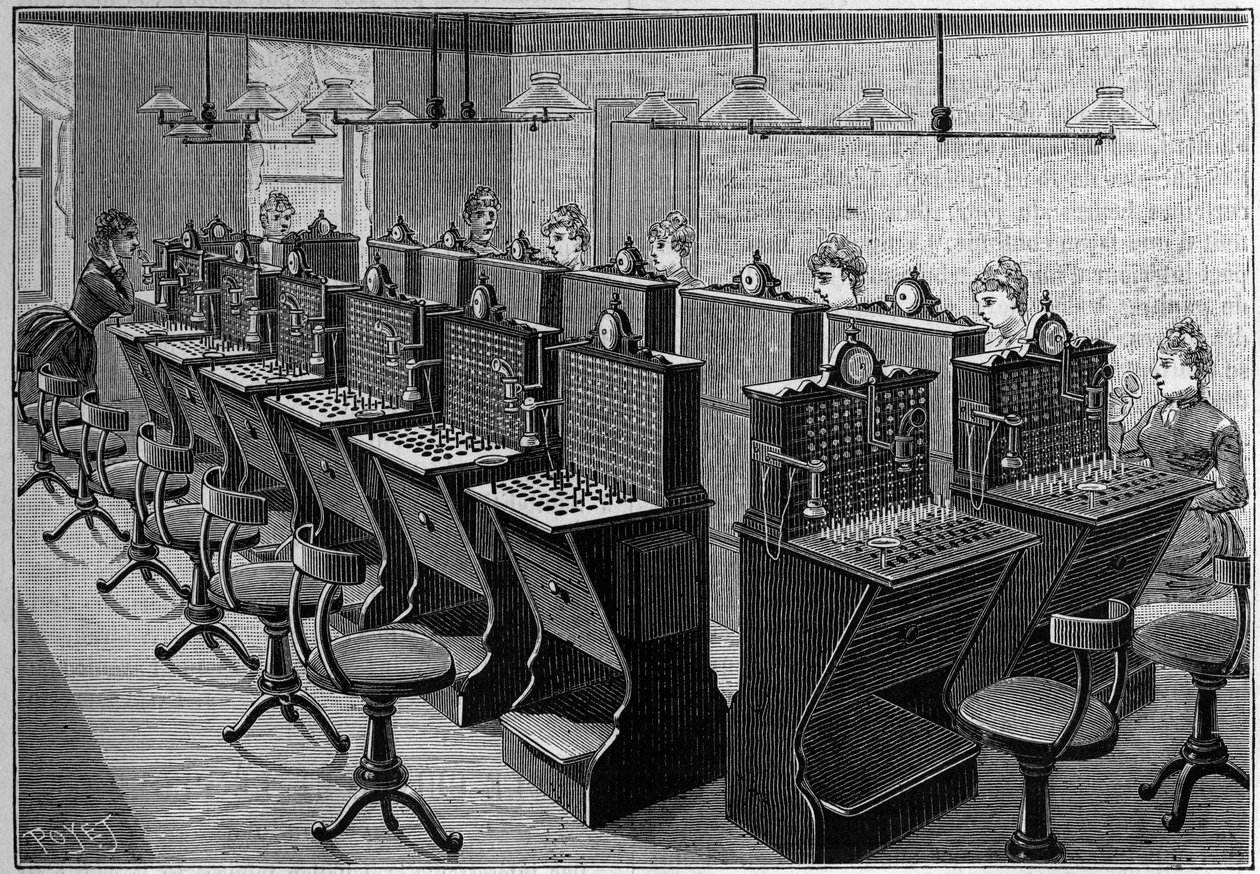 Telephony in Sweden: room of the central telephone office in Stockholm. Engraving in “” La Nature: revue des sciences et de leurs applications aux arts et a l