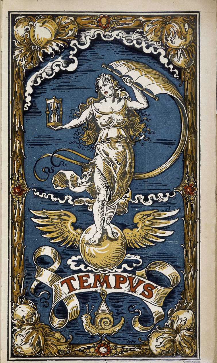 Tempus: allegori av tid (feminin figur med timeglass, vind, vinger), illustrasjon for kalenderen 1889. av Unknown artist