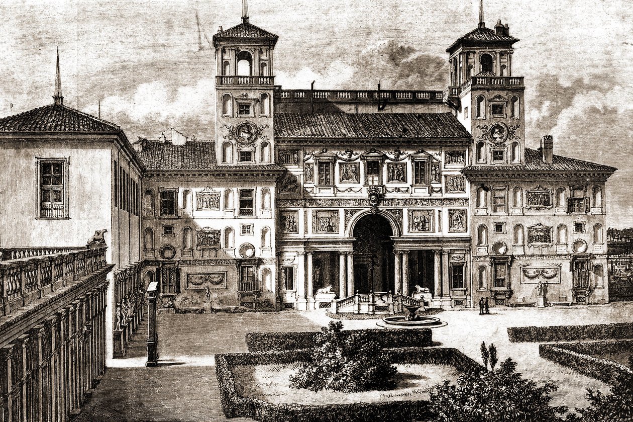 Terrasse og fasade til Villa Medicis. Reise til Francis Wey 1864-1869 i Tour du monde 1870 1. semester. av Unknown artist