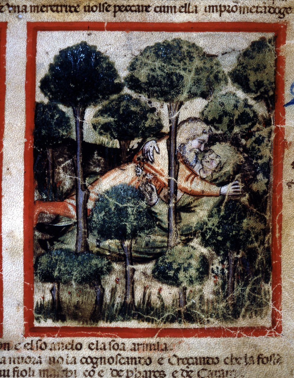 Thamar (Tamar) er besatt av Amnon (Ammon)» Miniatyr hentet fra Codex 212 (eller Paduan Codex eller Bible of Padua) 1390-1400 Rovigo, Accademia dei Concordi av Unknown artist