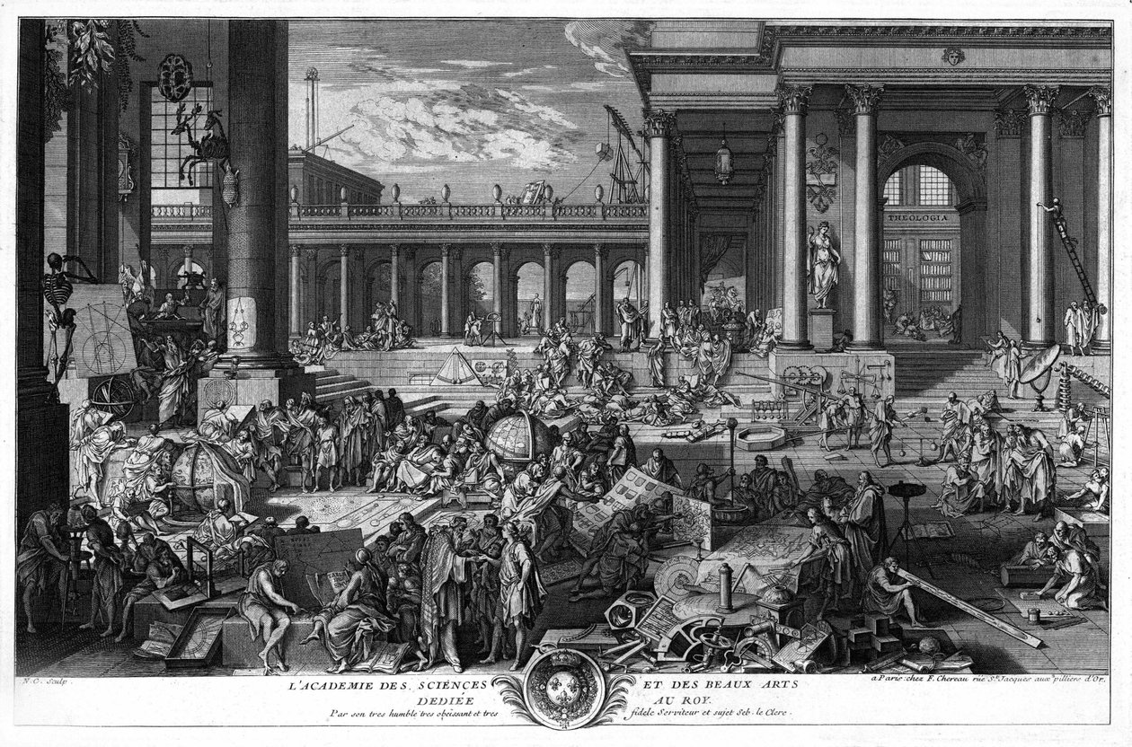 Akademiet for vitenskap og kunst dedikert til Roy. Ved sin meget ydmyke og meget trofaste tjener og undersåtter Seb. ekspeditøren. Gravering The Ebastien Leclerc, The Old av Unknown artist