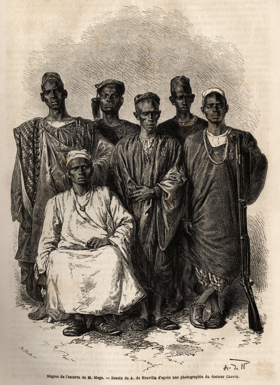 Den afrikanske eskorten til Mage, løytnant-på-skipet, sendte på et oppdrag til Niger. Gravering for å illustrere historien om løytnant Mages reise i Vest-Sudan mellom 1863 og 1866, publisert i "Le tour du monde, nouveau journal des voyages", redigert av E av Unknown artist