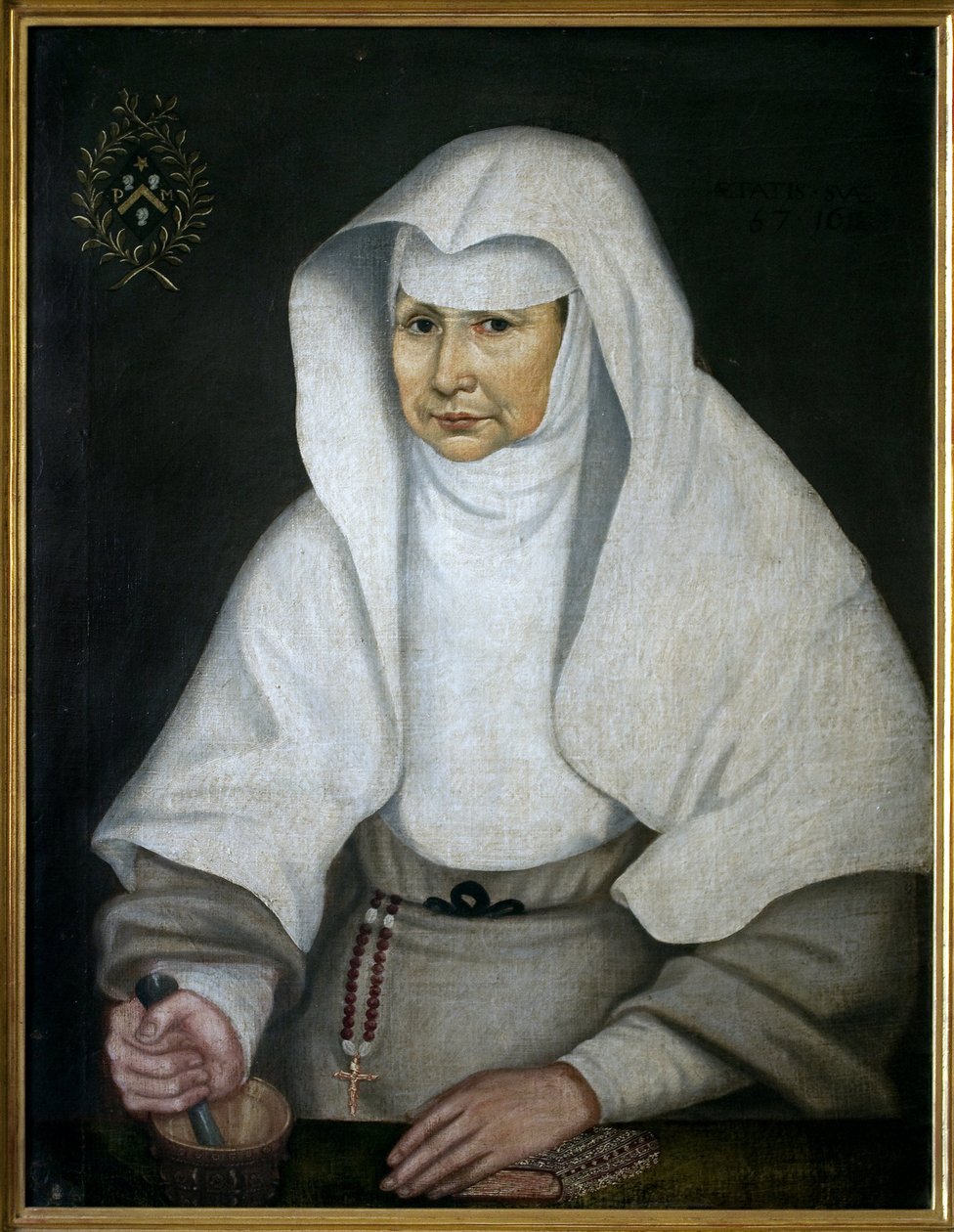 Apotekersøsteren Pierrette Monnet (1557-1628), på Hotel Dieu de Beaune. Representert med en morter og hans støder har hånden. Anonymt maleri, olje på lerret av Unknown artist
