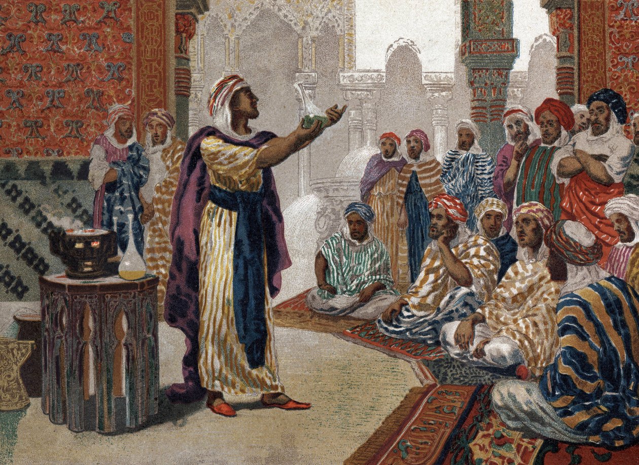 The Arab alchemist Geber (Jâbir ibn Hayyan) (v721-v815), einching chemistry. Barcelona 1881 av Unknown artist