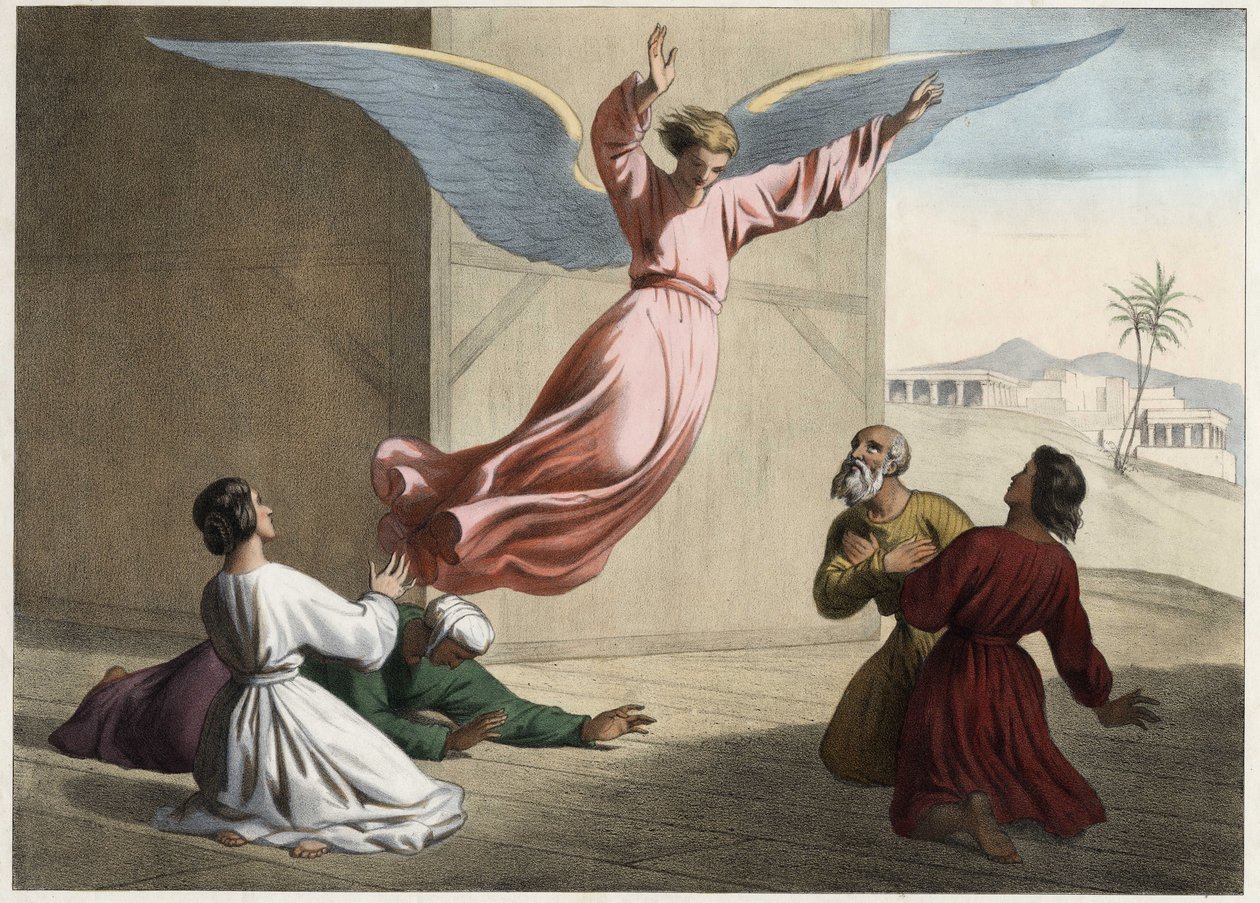Erkeengelen Raphael forlater Tobie-familien. Anonym gravering fra midten av 1800-tallet. av Unknown artist