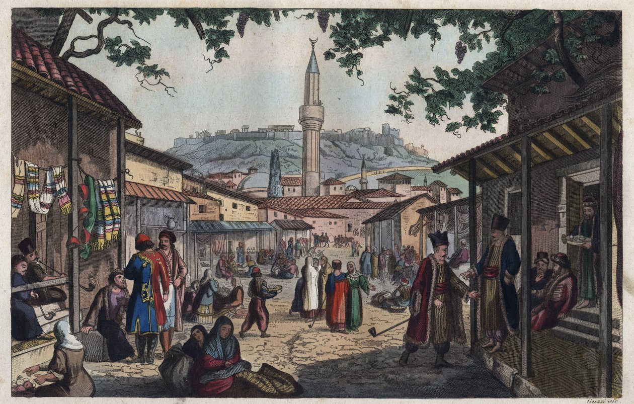 The Athens bazaar market in the early 19th century - Le marche bazar d