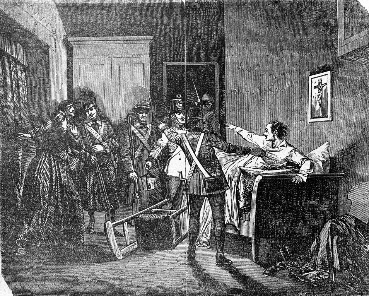Det østerriksk-ungarske politiet arresterte en carbonaro (karboneria, kullindustri), et medlem av det hemmelige politiske samfunnet. Gravering av 1800-tallet. av Unknown artist