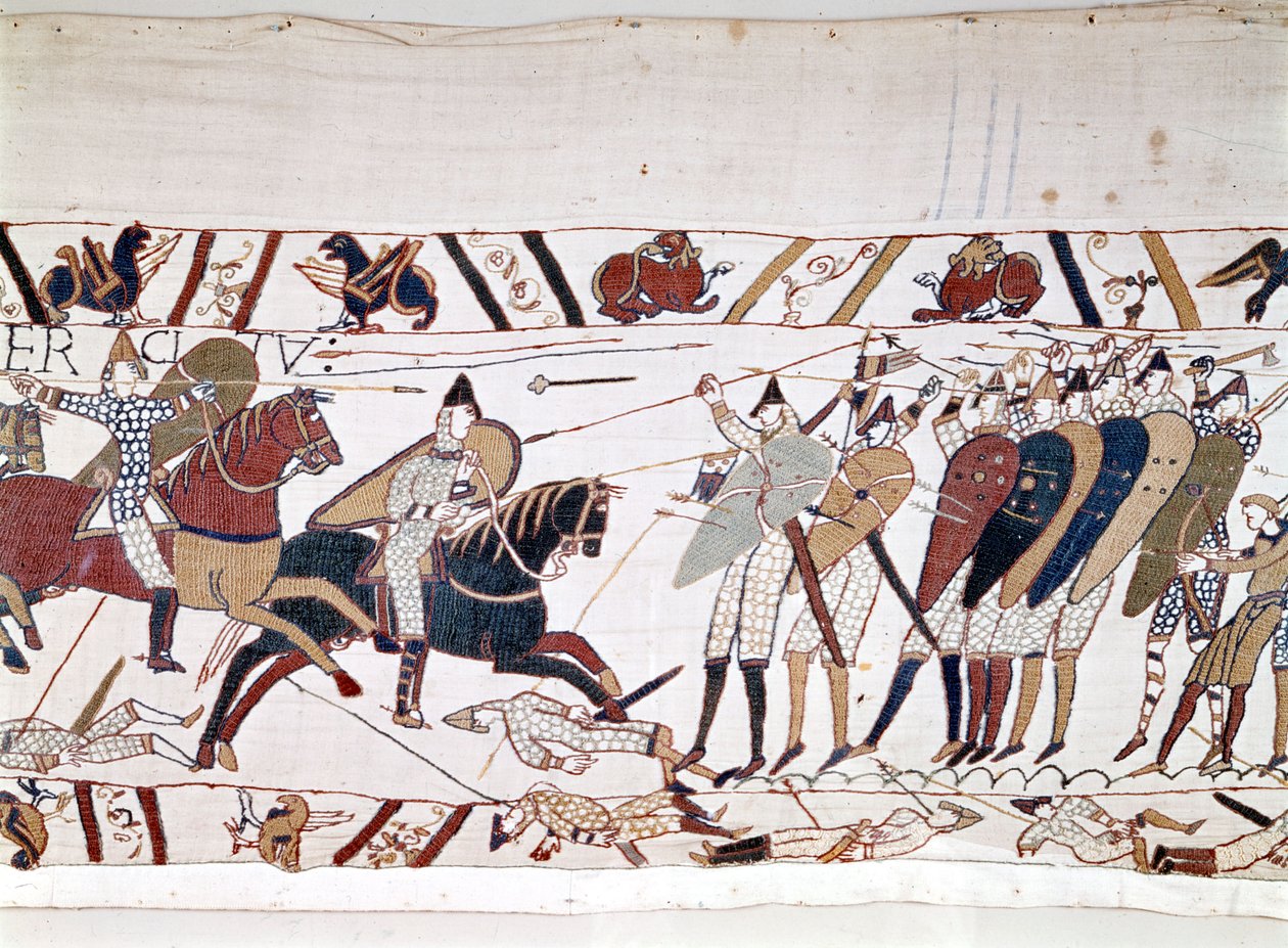 Slaget ved Hastings, vunnet av Erobreren Vilhelm I (1027 - 1087) 14.10.1066 og hvor kong Harold II av England døde (1022 - 1066). Bayeux-teppe, kjent som Broderi av Dronning Mathilde av Unknown artist