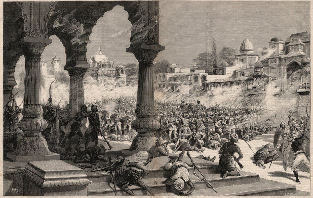 The Battle of Manipur - British Indian insurrections - massacre of a column of about 500 English soldiers, called by the Maharadjah whose subjects revolted in Manipur (territory on the borders of Assam and Burma) in India av Unknown artist