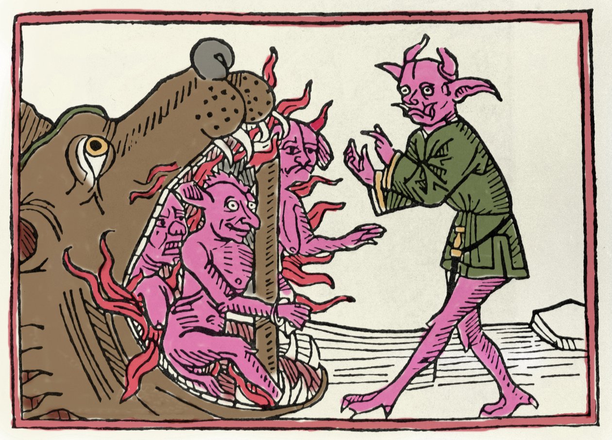 The Belial Proces: “The Belial Demon Returning to the Entrance of the Underworld”” Gravering fra “The Belial Proces” av Jacobus de Teramo (eller Palladino), Ausburg av Unknown artist