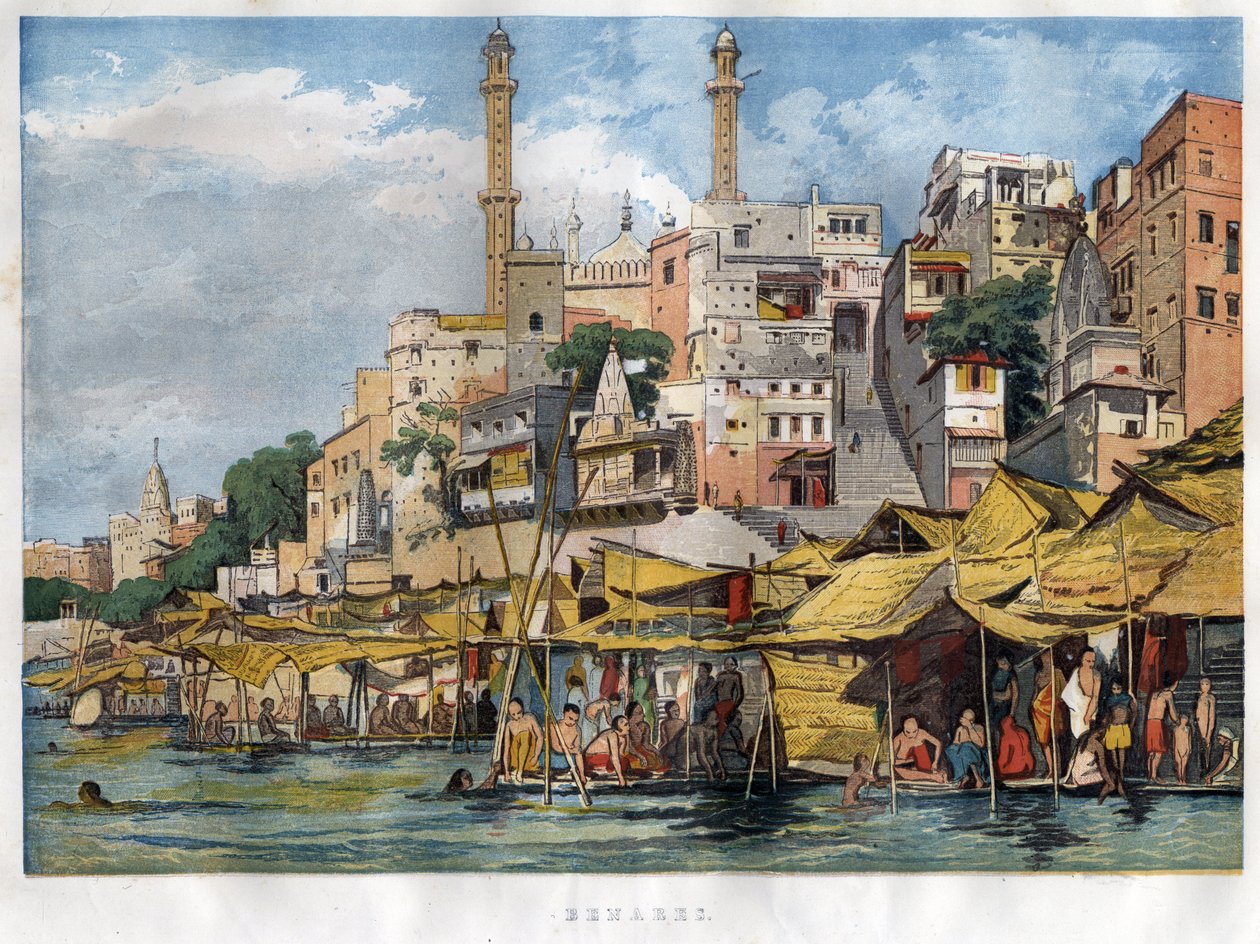 Benares ghat i India (dagens Vanarasi) (ghat som angir trinnene som dekker elvenes bredder og bredden av bassengene og reservoarene som gjør det mulig å gå ned i kontakt med vann). Gravering fra 1857. av Unknown artist