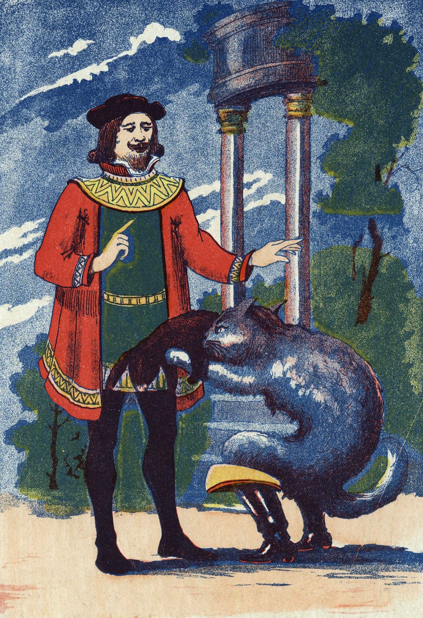 Boot Cat tilbyr en kanin til kongen. Illustrasjon for "" Le chat Botte"", fortelling av Charles Perrault (1628-1703), fransk forfatter. Anonym illustrasjon. Bilder Marcel Vagne, Jarville Nancy, udatert (slutten av 1800-tallet). av Unknown artist