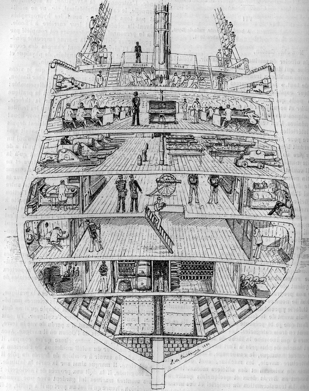 "Borda": tverrsnitt av båten. Tegning av M.L. de Saussure. Gravering i «The Journal of Youth»» av Unknown artist