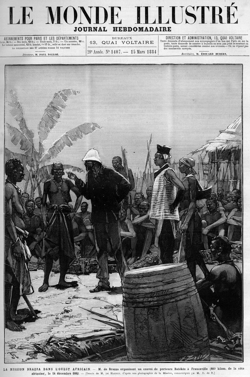 Brazza-misjonen i Vest-Afrika: Pietro Paolo Savorgnan di Brazza eller Pierre Paul Francois Camille Savorgnan de Brazza (1852-1905) som organiserer en konvoi av Batekes-transportører til Franceville (Gabon) 14. desember av Unknown artist