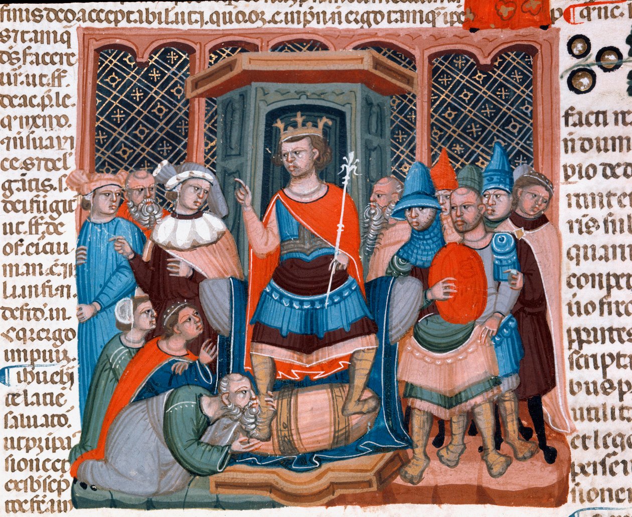 Den bysantsiske keiseren Justinian I (482-565) omgir jurister og soldater ved hans miniatyrdomstol hentet fra Justinian Code (Codex Justinianus), en samling av lover og institusjoner utgitt under den romerske keiseren Justinian I av Byzantium (483-565) av Unknown artist