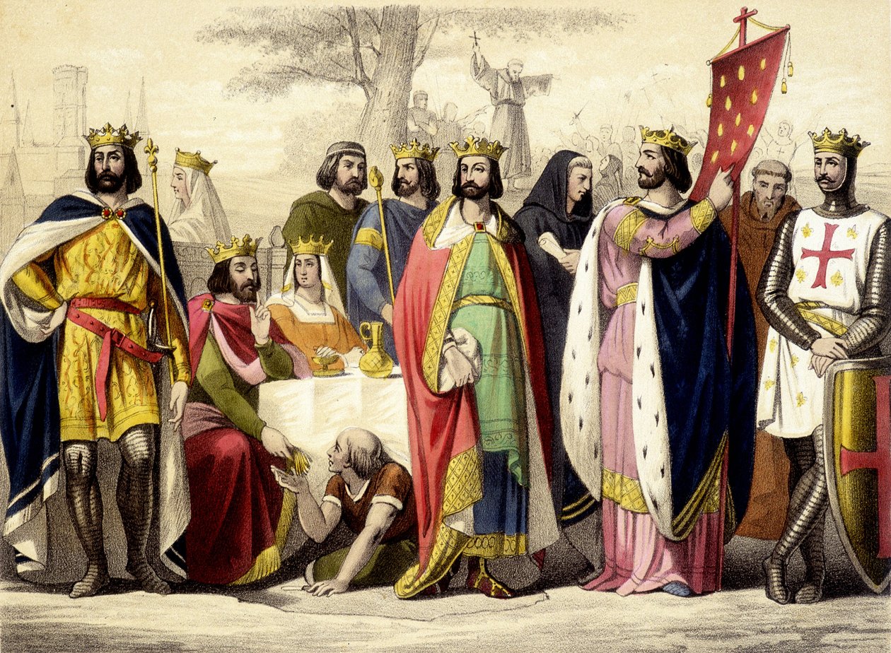 Kapetianerne fra 987 til 1137. Hugues Capet, Robert 1er Constance, Philippe 1er, Louis VI og Louis VII. Gravering fra 1800-tallet. av Unknown artist