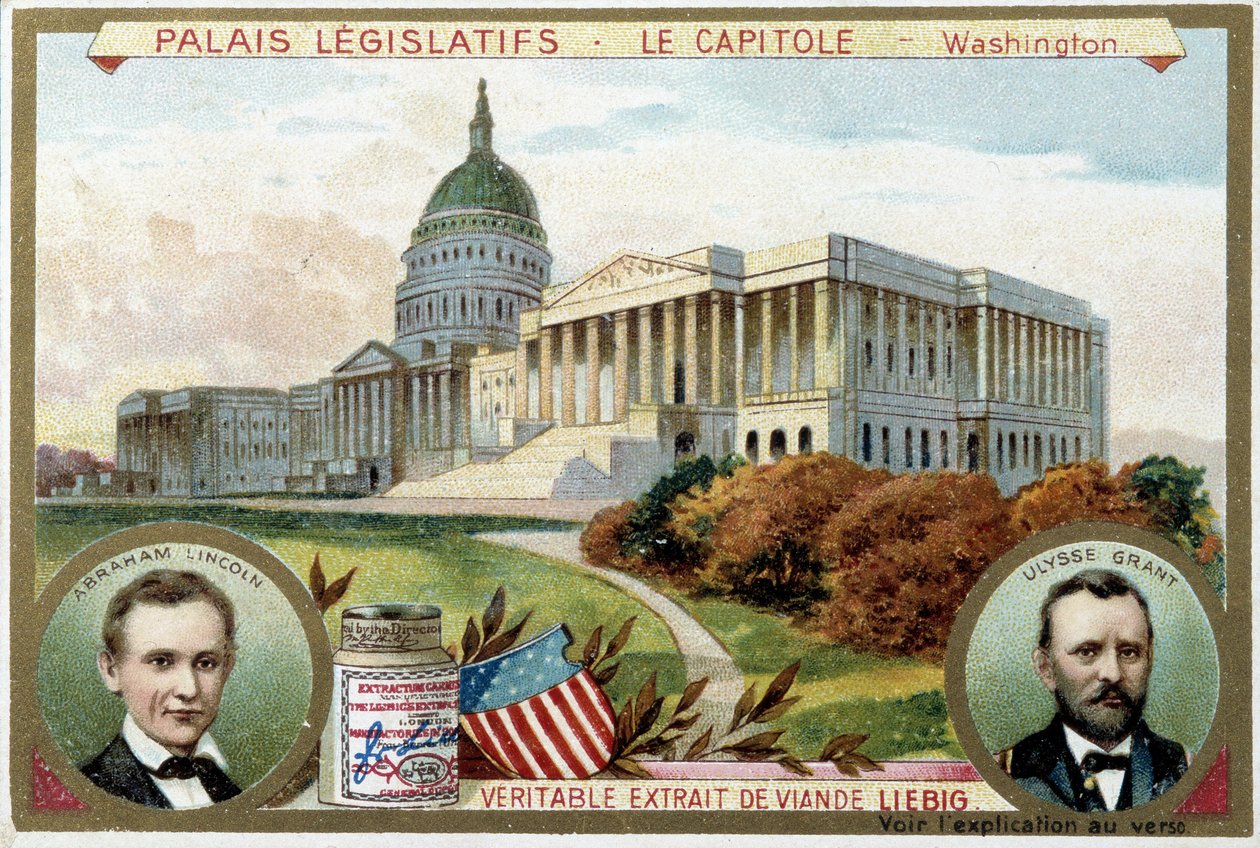 The Capitol, American Congress Palace, Washington (USA), med portretter av Abraham Lincoln (1809-1865) og Ulysses Grant (1822-1885) - Liebig-kromolitografi av Unknown artist