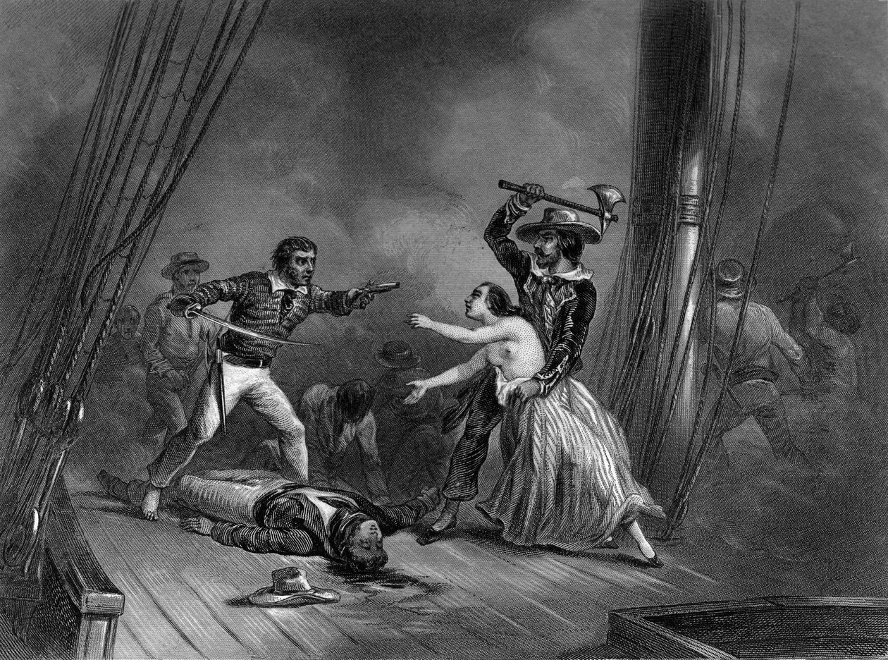 Den karibiske piraten Morgan bortfører den vakre spanjolen. i "General History of the Navy" av Van Tenac av Unknown artist