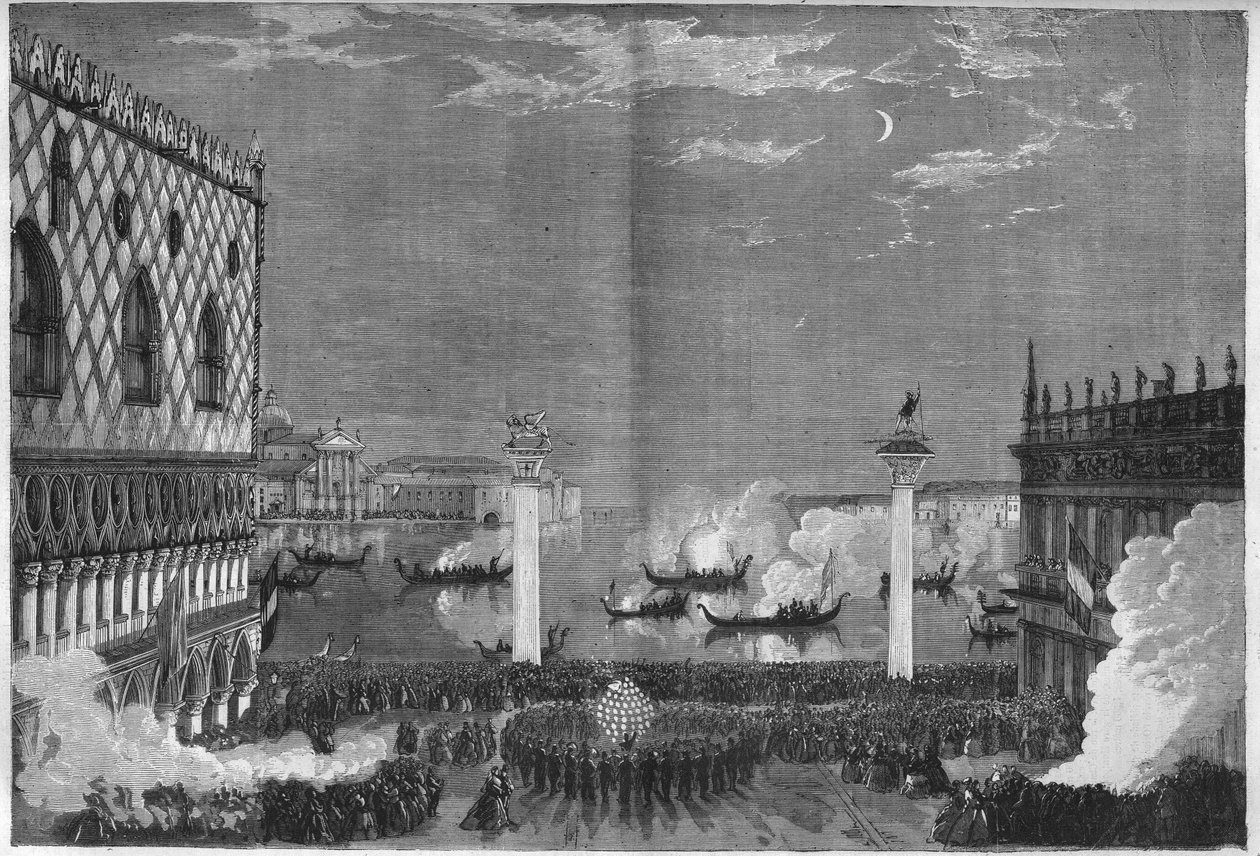 Karnevalet i Venezia: natten til fet søndag på piazzettaen. Gravering i "" The Illustrious Universe"" av Unknown artist
