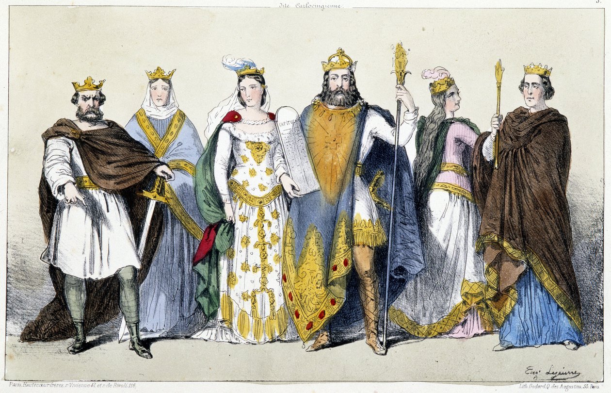 Karolingerne: Briefen Pepin (715-768) og Bertrade av Laon (720-783), Charles I. Charlemagne (742-814) og Hildegarde av Vintzgau (758-783), Louis I. the Pieux eller Debonnaire (778) -840) og Ermengarde av Hesbaye (ca. av Unknown artist