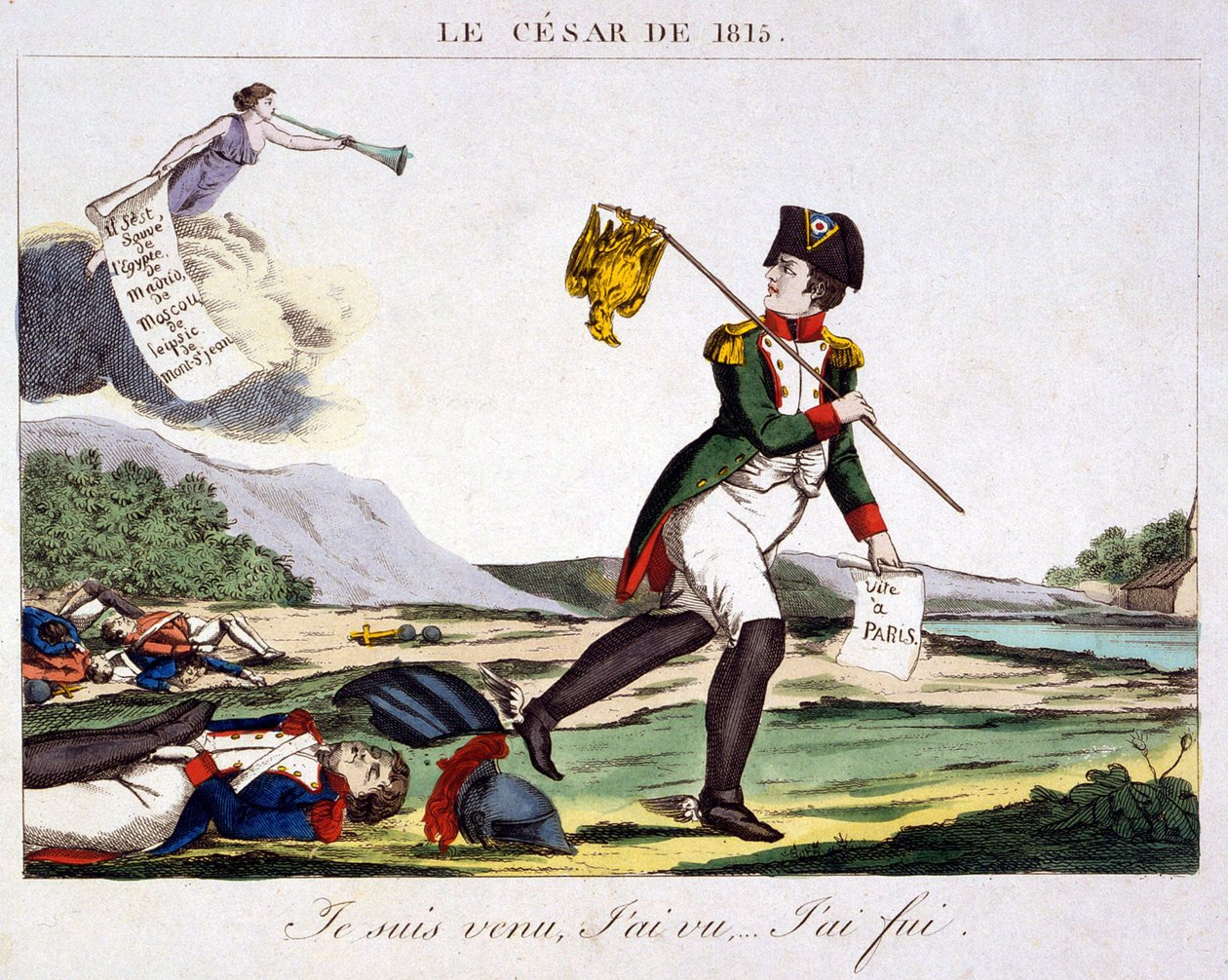 Cesar of 1815 - Jeg kom, jeg så... Jeg løp vekk. Tegneserie om Napoleon I som flykter fra slagmarken der de døde franske soldatene er spredt. Gravering 1815 - Napoleon Bonaparte (15. august 1769 ¿5. mai 1821) var en fransk militær og politisk leder som av Unknown artist