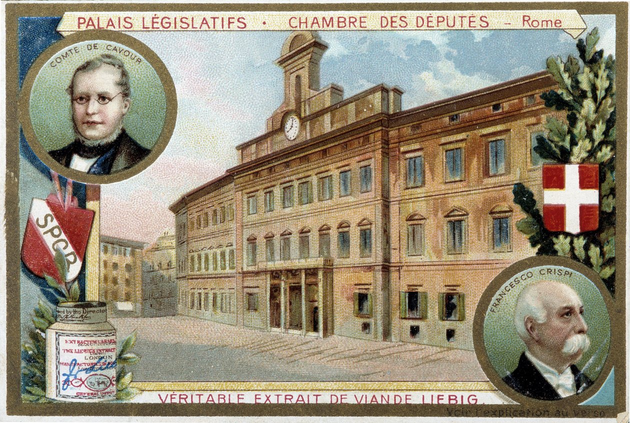 Deputertkammeret i Roma (Italia), med portretter av grev Camillo Benso de Cavour (1810-1861) og Francesco Crispi (1819-1901) - Liebig-kromolitografi av Unknown artist