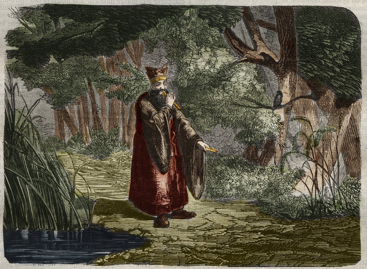 Kineseren Ling Mon (Ling-lun) (Lihng-lewn) oppdager stemningen ved å blåse i stammen til en bambus. 27. århundre f.Kr. Gravering fra 1859 i "" Le Musee Des Sciences"" av Unknown artist