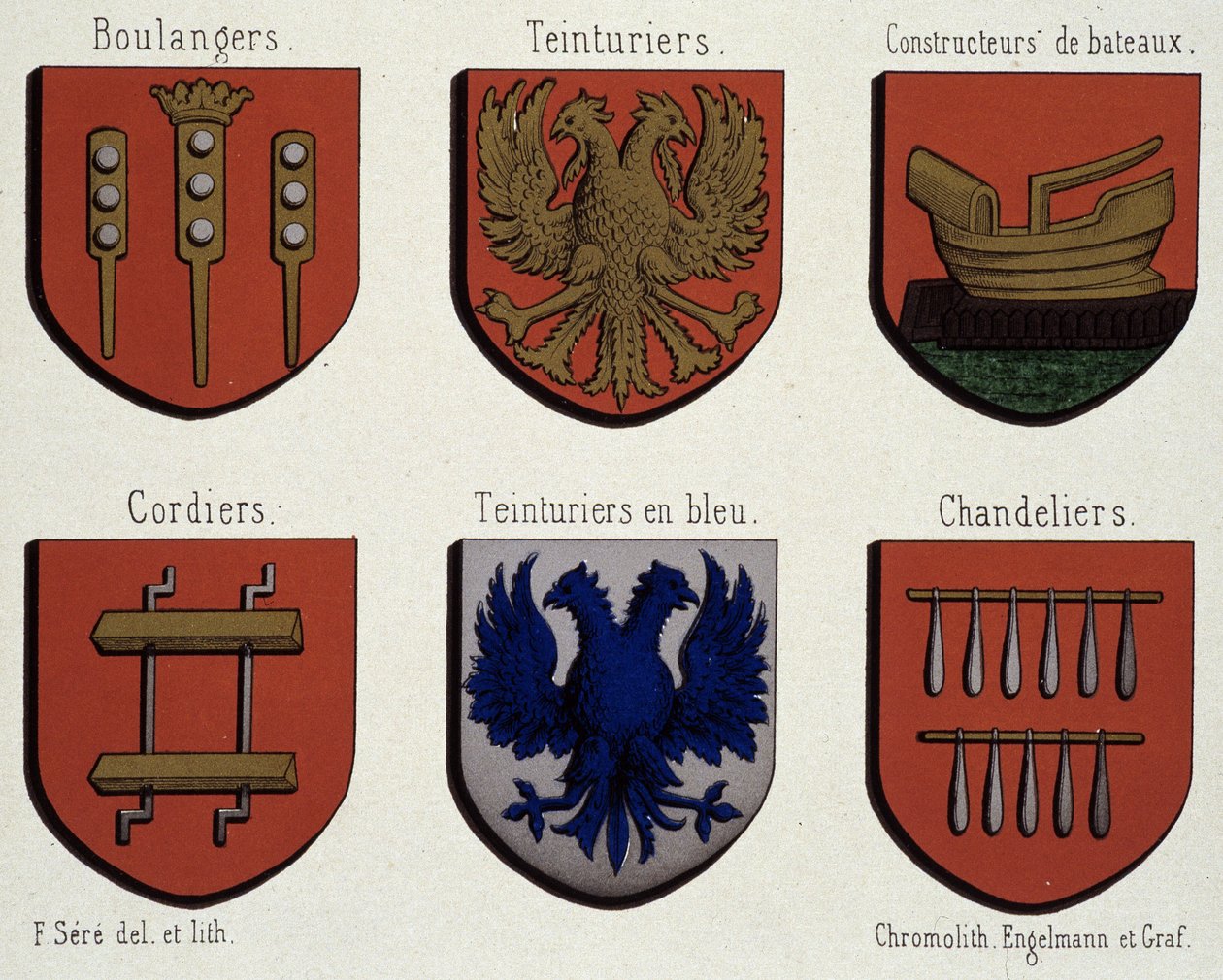 Våpenskjoldene i Gent (Eksempel på middelalderens våpenskjold): Bakere, Farger, Båtbyggere, Cordiers, Blåfarger, Lysekroner av Unknown artist
