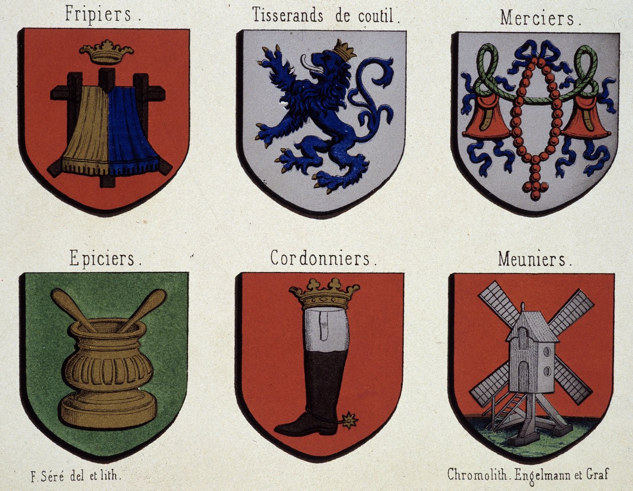 Våpenskjoldene fra Gent (eksemplar av middelalderens våpenskjold): Friebriers, Cusserands, Merciers, Grocer, Shoemakers, Meuniers av Unknown artist