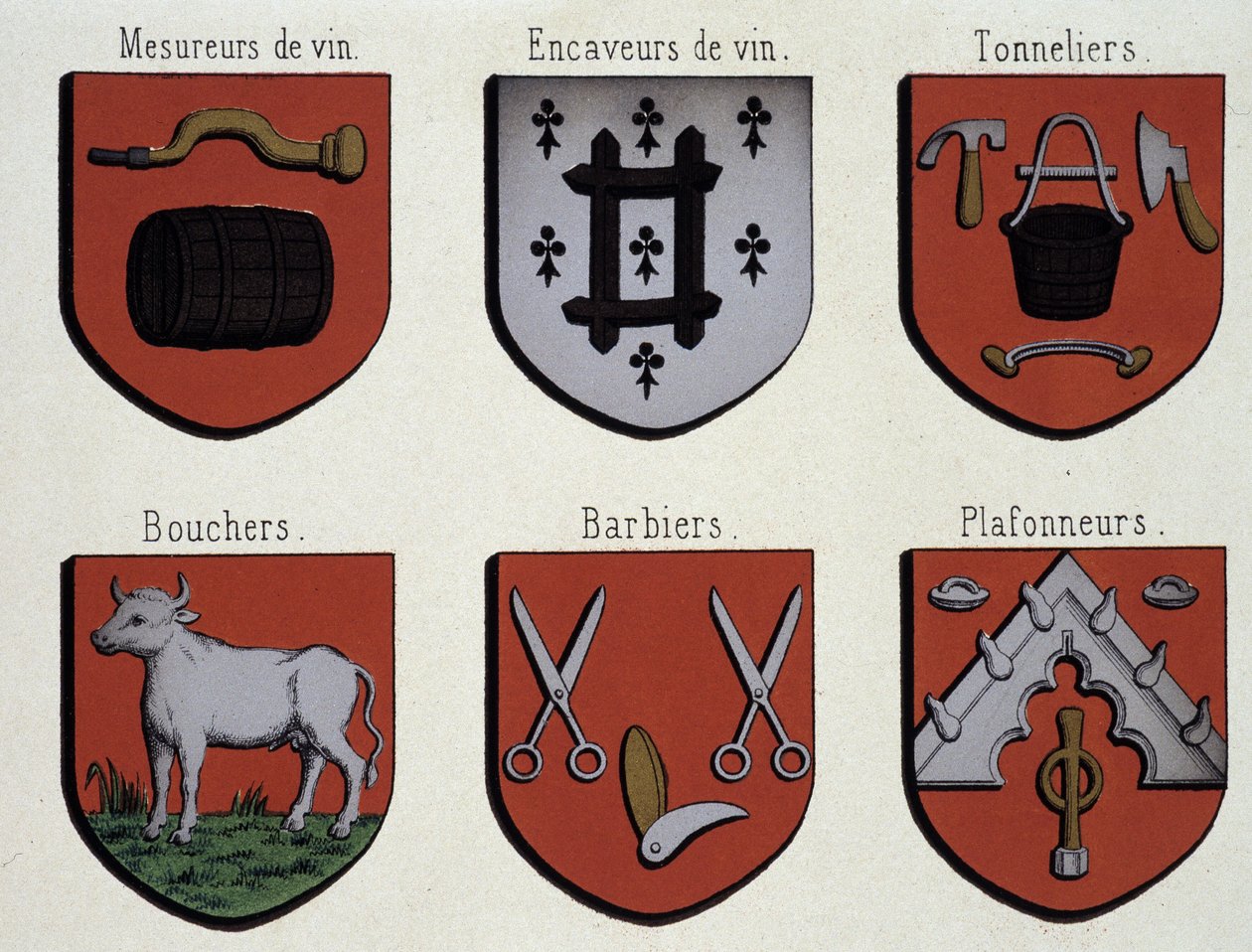 Våpenskjoldene i Gent (eksemplar av middelalderens våpenskjold): Vinmålere, vinhulere, bøkkere, slaktere, barberere, tak av Unknown artist