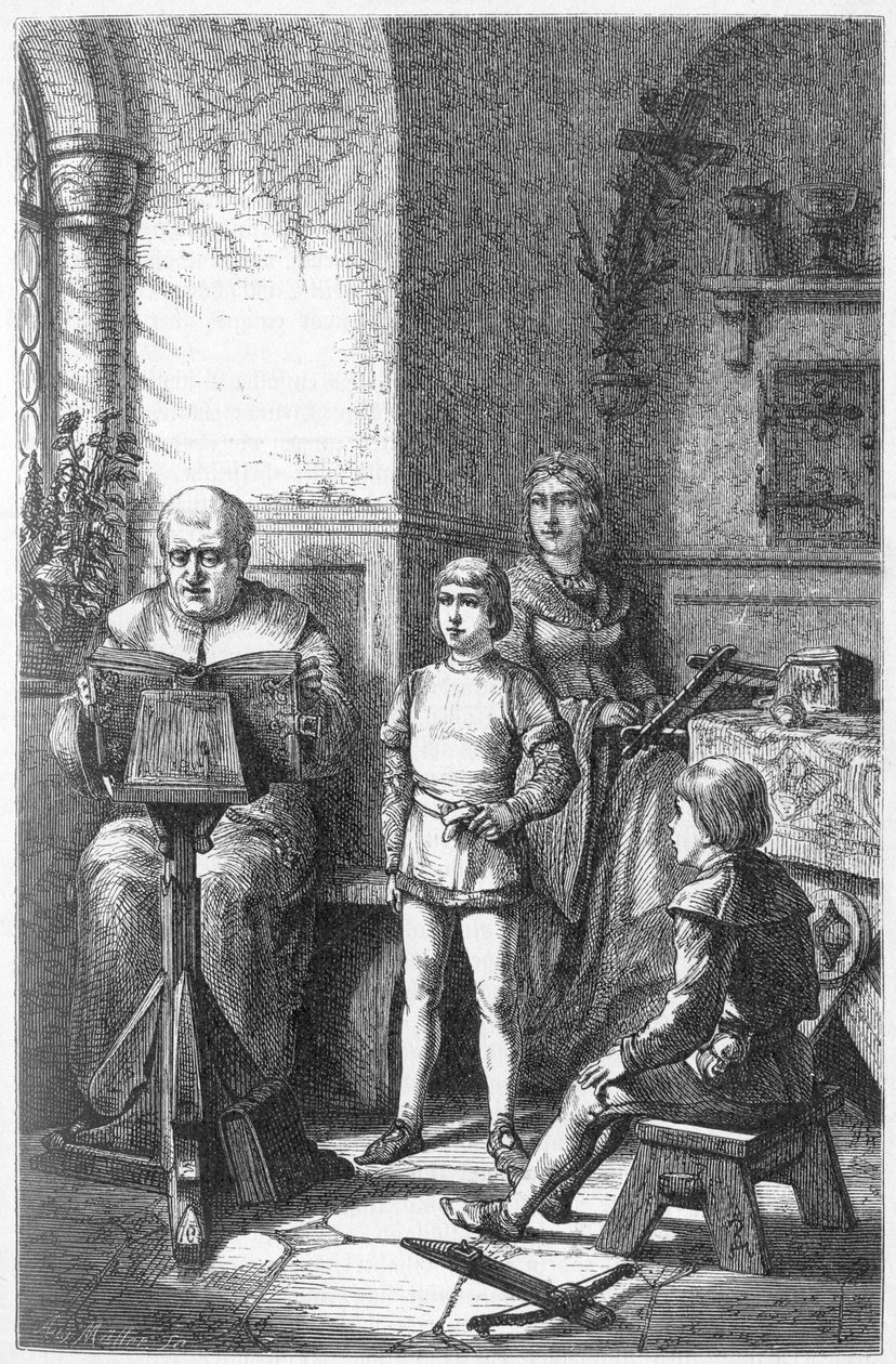 Constance Eveque leser den tyske historien i Conrad, kjent som Conradin de Hohenstaufen (1252-1268) og Frederic I av Baden-Baden ((Friedrich I von Baden-Baden) av Unknown artist