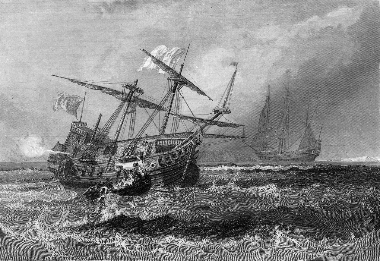 The Corbin lost on the reef in the Maldives Islands on 1 July 1602. In “” General History of the Navy”” by Van Tenac av Unknown artist