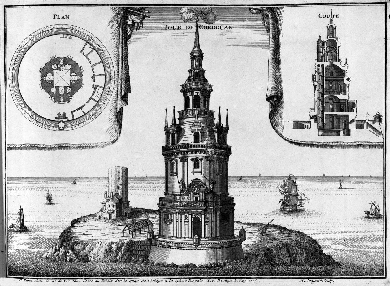 Cordouan-fyret nær Bordeaux i Gironde (33). Den nåværende bygningen rik på statuer, søyler, har et kapell og et rom for kongen Heberger av Unknown artist