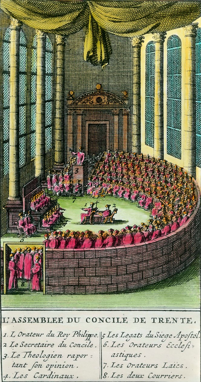 Konsilet i Trent. Illustrasjon med beskrivelse av medlemmene tilstede på forsamlingen. Konsilet i Trent ble innkalt av pave Paul III (representant for den romersk-katolske kirke) i 1545, som svar på forespørsler fra Martin Luther i f. av Unknown artist