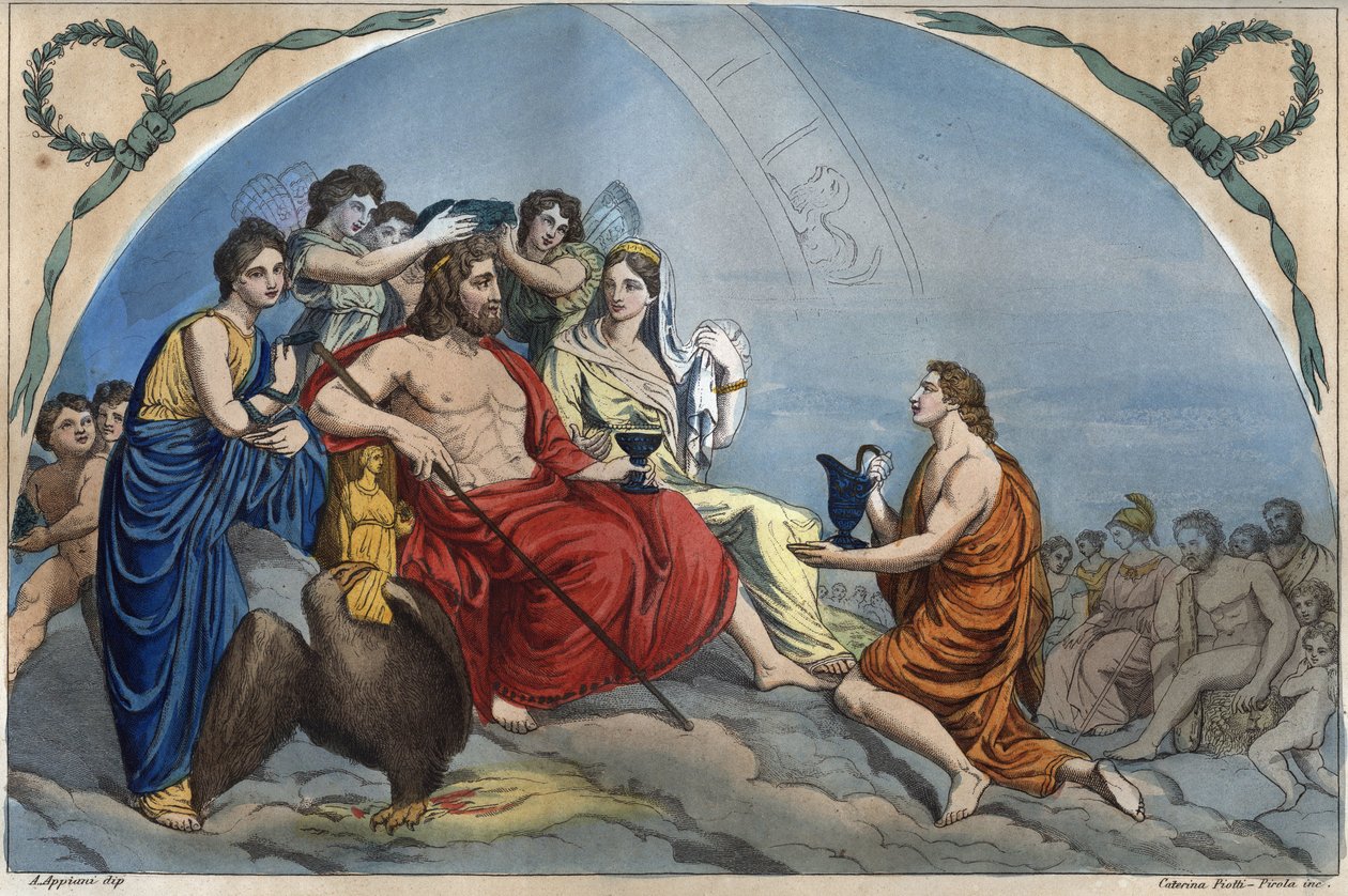 The Council of the Gods (eller Assembly of the Gods): Zevs på Olympus omgir guddommelige - Olympus-gravering fra "" skikker til alle folk i universet. Det er historien om regjeringen, lovene, militsen, om religionen til alle nasjoner d av Unknown artist