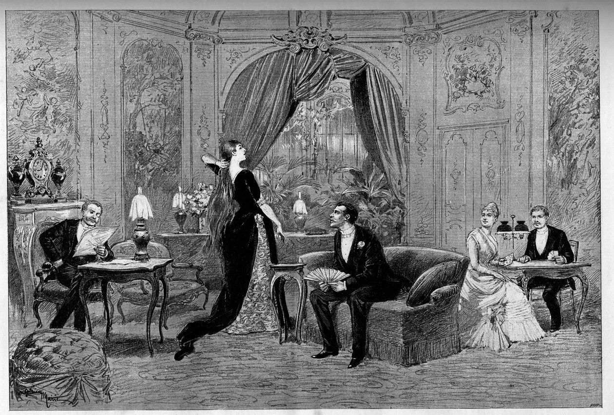 The Count of Riverolles, Francine, Stanislas de Grandredon, Therese Smith and Henri de Simeux, characters of the play “” Francillon”, comedy by Alexandre Dumas (1824-1895) played at the Comedie-Francaise (1887) in Paris. Engraving in “” Le monde illustriou av Unknown artist