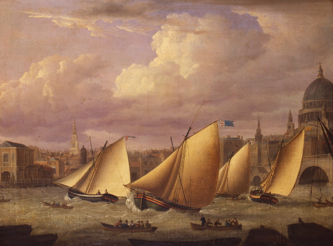 Cumberland Fleet racing over London Bridge, 1782 av Unknown