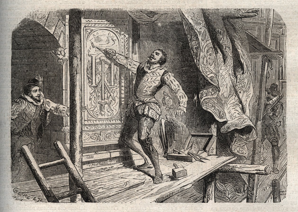 Jean Goujons død (1510-1562 eller 1569), døde ifølge en legende i 1572, under Saint Barthelemy - gravering i "" Dictionnaire populaire illustrious"" - 1864 - av Joseph Decembre og Edmond Allonier - av Unknown artist