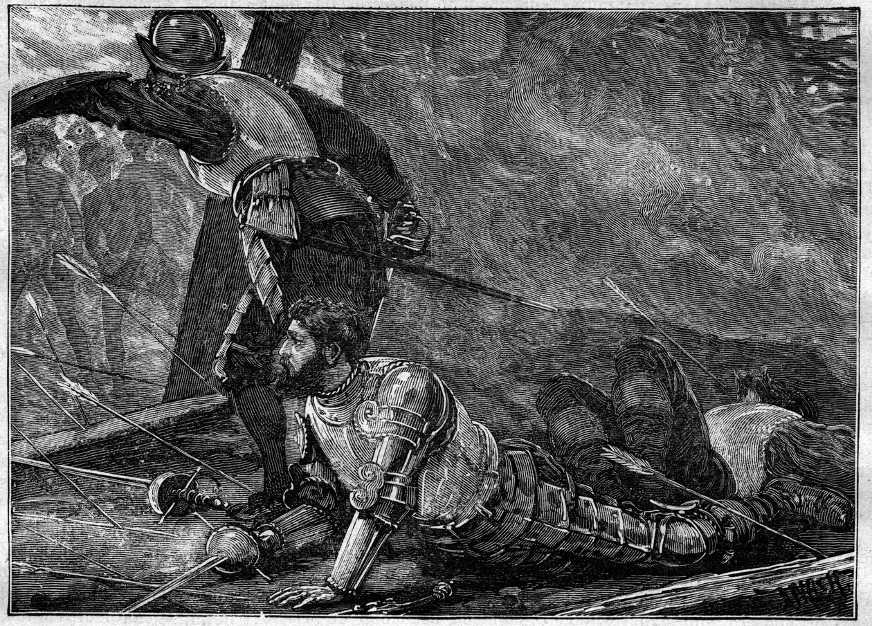 The Death of Juan of La Cosa - Death of Juan de la Cosa (1460-1510) kartograf, conquistador og spansk oppdagelsesreisende i Cartagena, Colombia - gravering av 1887 av Unknown artist