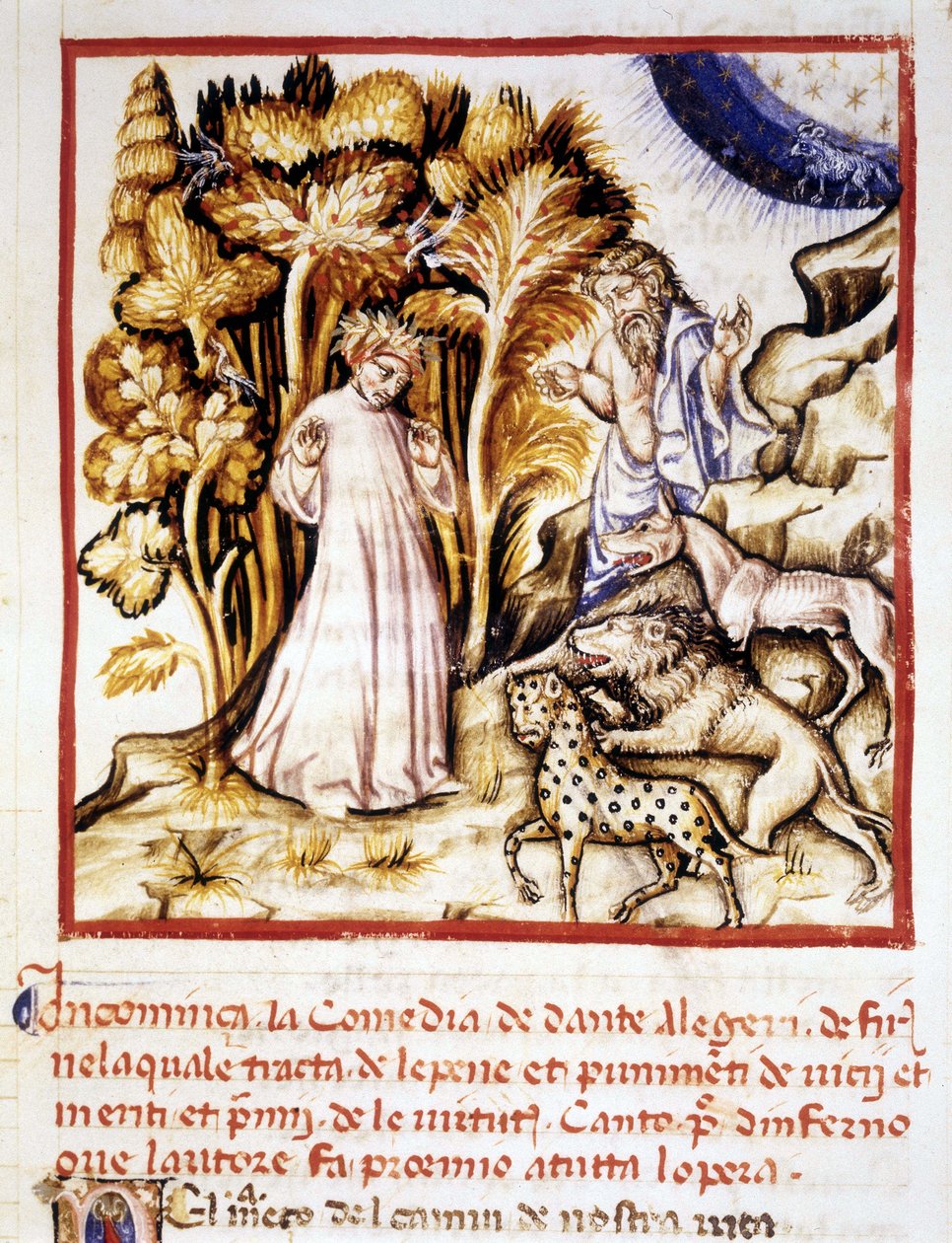 Den guddommelige komedie av Dante Alighieri. Miniatyr som viser Dante, Virgil og de tre beistene. 1300-talls manuskript. Kommunal Bibl. av Rimini. av Unknown artist