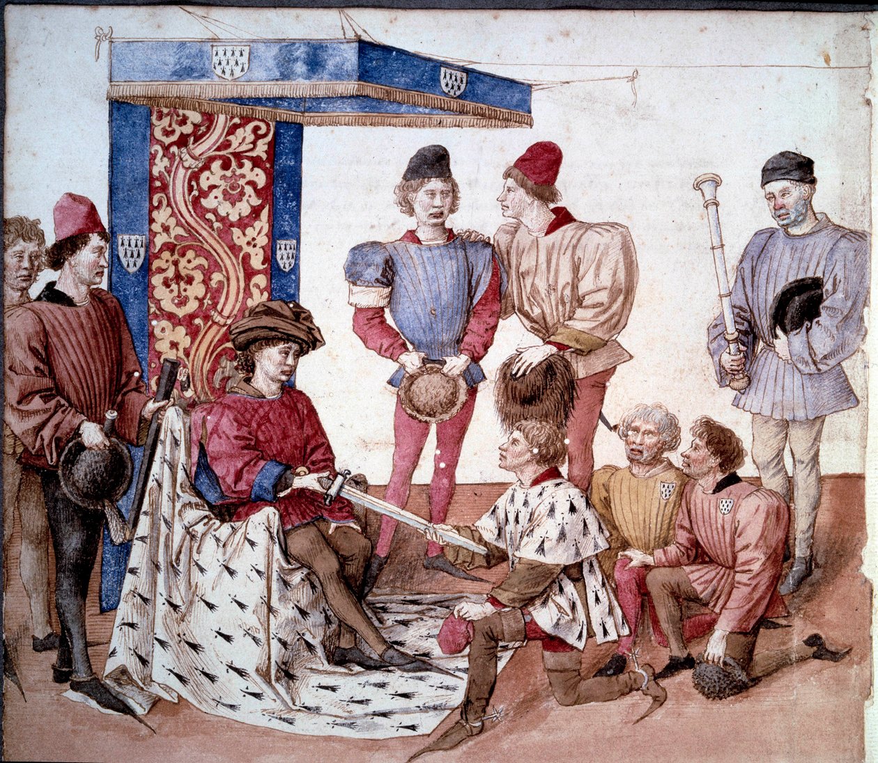 Hertugen av Bretagne presenterer sitt sverd til våpenkongene Miniatyr hentet fra "" Turneringsboken til kong Rene av Anjou (Rene I av Napoli) (1409-1480)" 1460 rundt Paris, B.N. av Unknown artist