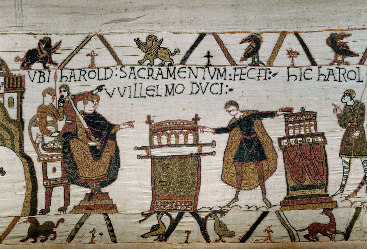 Hertugen av Normandie Guillaume den Erobrerende (1027-1087) gjorde en ridder Harold som avla lojalitetsed på to relikvier Detalj av billedvev av Bayeux eller broderi av dronning Mathilde av Unknown artist