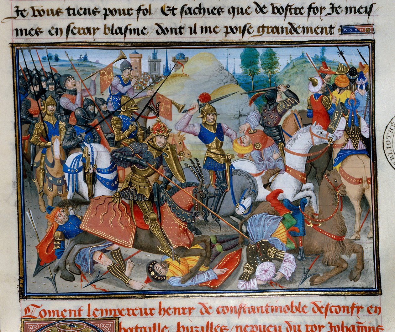 Keiseren av Konstantinopel Henry I av Flandern Hainaut (1177-1216) under et slag. Miniatyr fra "" Chronicle abregee"" av David Aubert av Unknown artist