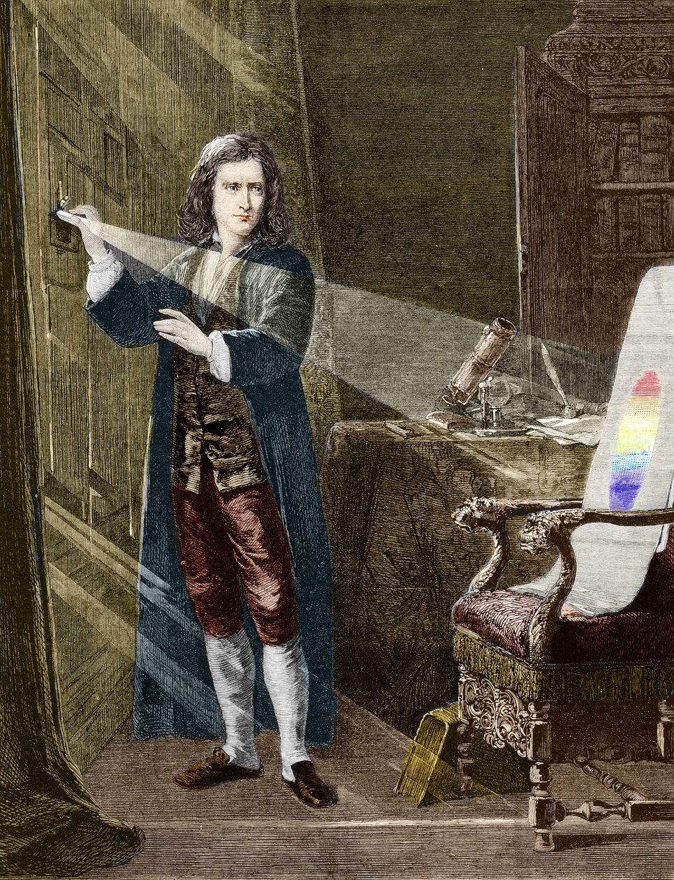 The English physicist Isaac Newton (1642-1727) decomposing light with a prism of glass. Engraving from 1880. av Unknown artist