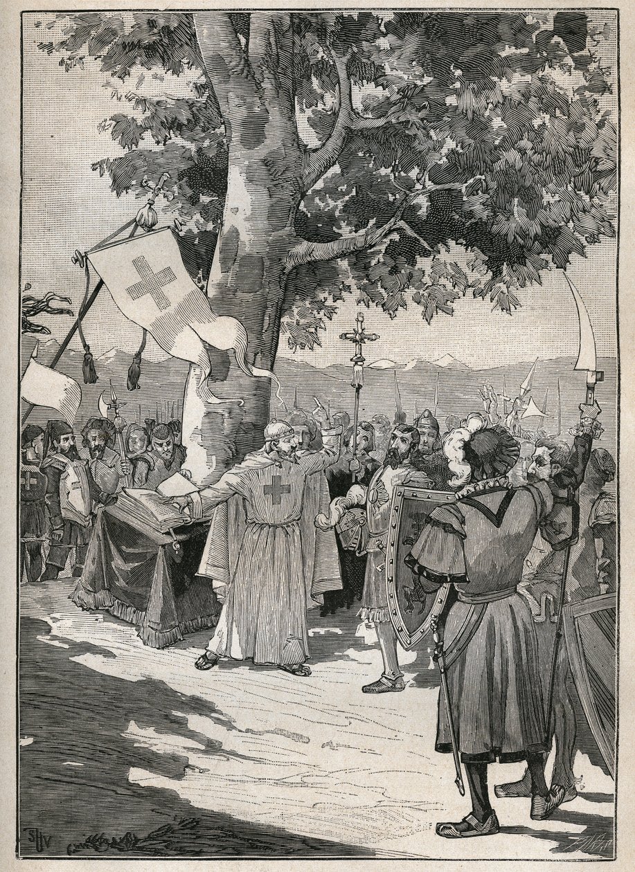 The Erable of Tons i Sveits, ved foten av hvilken Abbe of Dissentis, grevene av Sachsen og Werdenberg og baronen av Razuns sverget i 1424 Upper League eller League of Graubünden, som forberedte helvetisk uavhengighet. Gravering fra 1885 in av Unknown artist