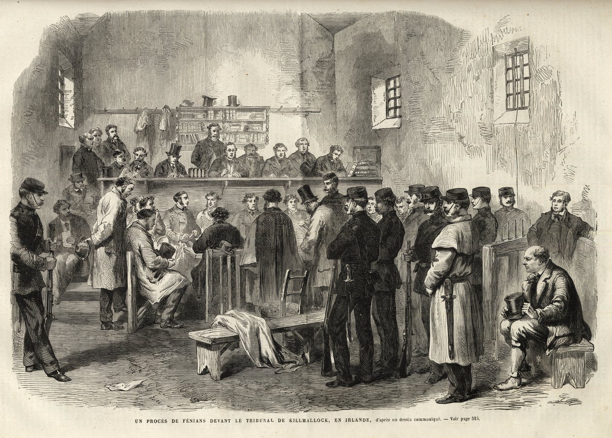The Fenian Insurrection, inquest on Mr Cleary in the Courthouse at Kilmallock - 1867 - En rettssak mot fenianere for Court of Kilmallock i Irland - 1867 - gravering fra "The Illustrous Universe" fra 1867 av Unknown artist