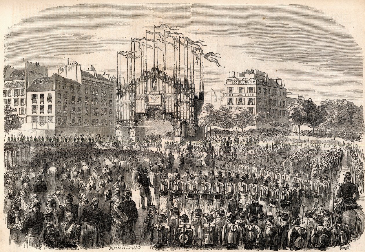 The Fetes at Paris, Entry of the Army of Italy into Paris, Triumphal Arch at the Place de la Bastille, representing the Front of Milan Cathedral - Return of the troops after the Risorgimento, Paris av Unknown artist